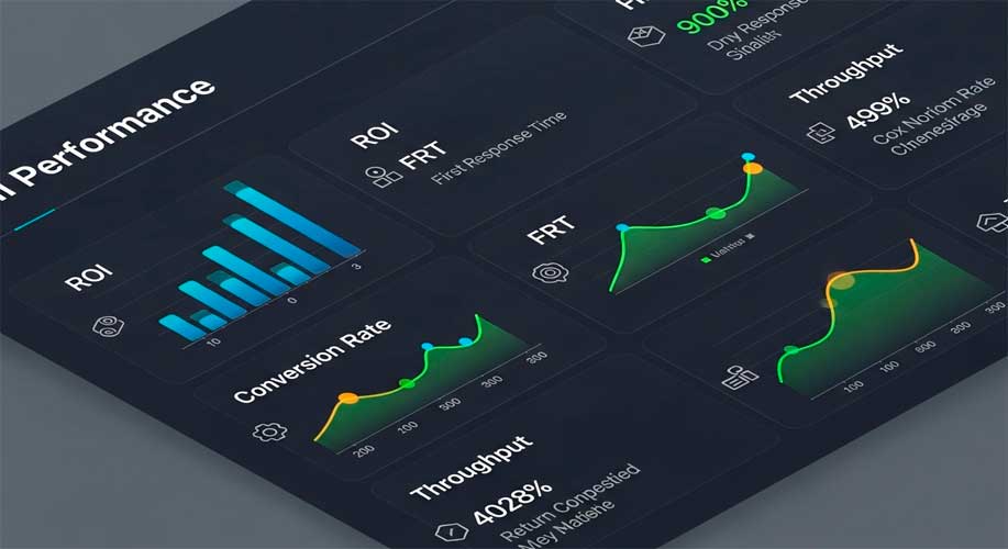 Close-up of a performance dashboard showing ROI, FRT, conversion rate