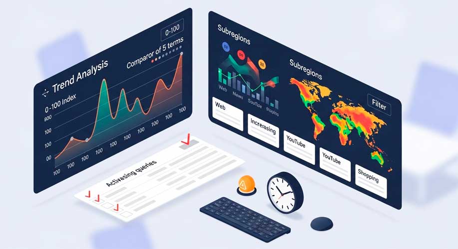 Google Trends. Ilustración isométrica y limpia de un dashboard de análisis de tendencias