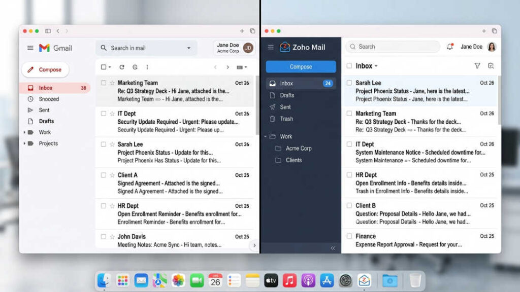 Pantalla dividida mostrando la interfaz webmail de Google Workspace Gmail y Zoho Mail en escritorio lado a lado para comparar experiencia de usuario