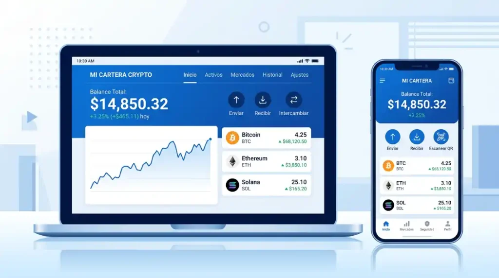 Ilustración de billetera cripto para cobrar servicios digitales