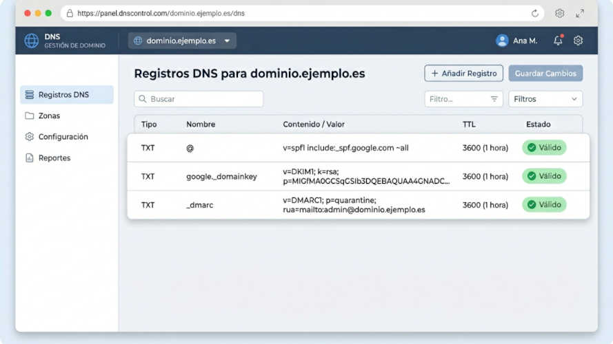 Panel DNS de un registrar mostrando los tres registros SPF DKIM y DMARC correctamente configurados para un dominio