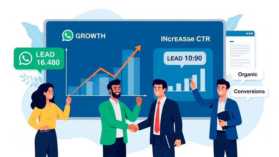 Equipo pequeño de marketing/ventas celebrando frente a una pantalla grande que muestra crecimiento (gráfica ascendente), aumento de CTR y un contador de ‘Leads’ subiendo