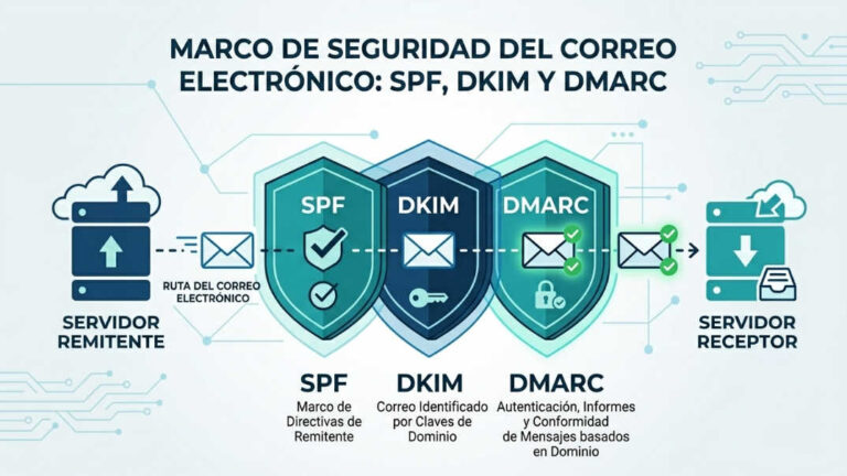 Diagrama explicando el flujo de verificación SPF DKIM y DMARC cuando un correo corporativo llega al servidor receptor