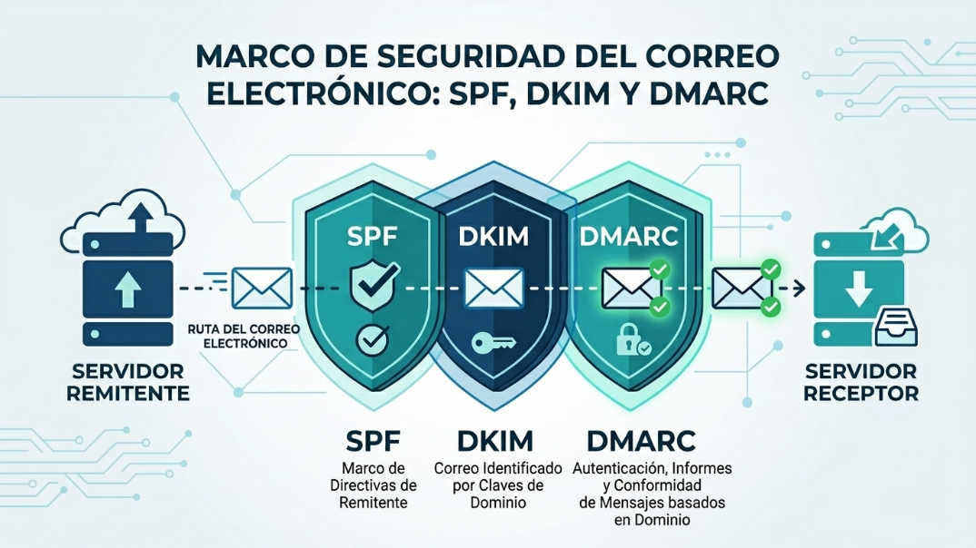 Diagrama explicando el flujo de verificación SPF DKIM y DMARC cuando un correo corporativo llega al servidor receptor