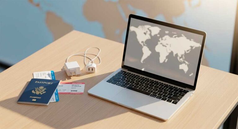 Best Laptops for Digital Nomads: a lightweight modern laptop on a small café table next to a passport