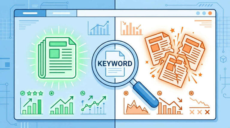 Ilustración de canibalización de palabras clave en un blog, donde varios artículos compiten por la misma keyword
