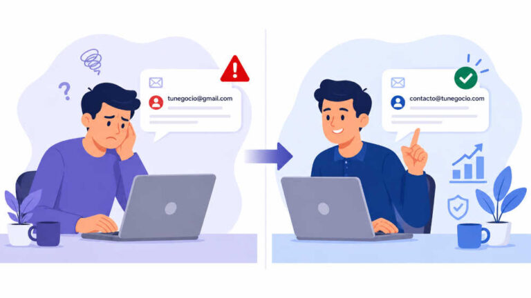 Comparación visual entre usar un correo genérico de Gmail y un correo corporativo con dominio propio para un negocio