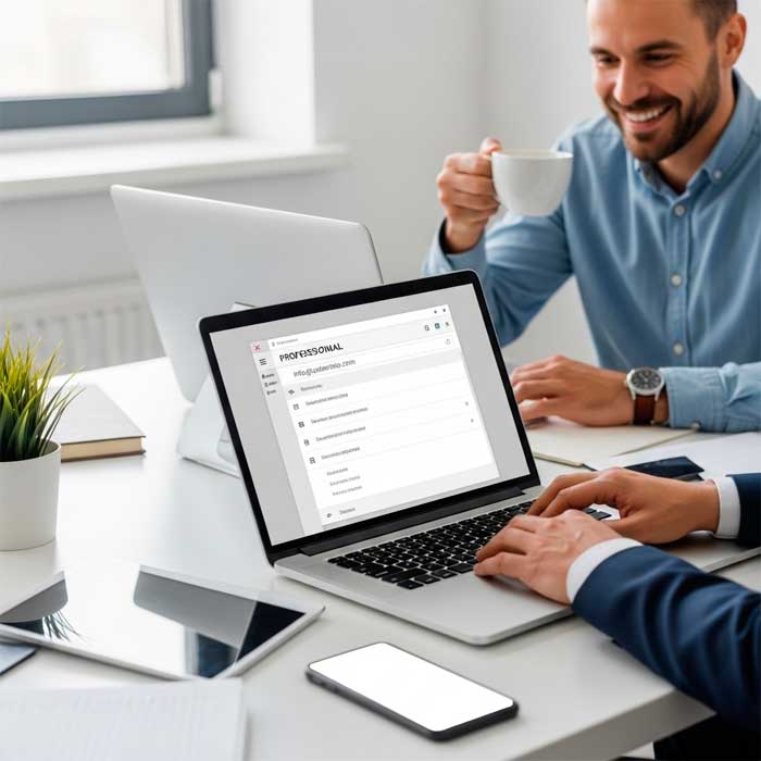 Ilustración para Tu correo corporativo profesional. Spanish business owner relaxing while a friendly IT consultant configures email on a laptop