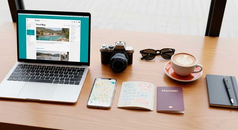 Laptops for Bloggers: thin 14-inch laptop open on a blog editor, camera, phone, passport and coffee on a wooden table in a bright café