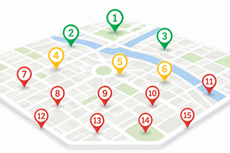 Local Falcon: cuadrícula de posicionamiento local sobre un mapa de ciudad mostrando rankings de Google Maps por zona geográfica