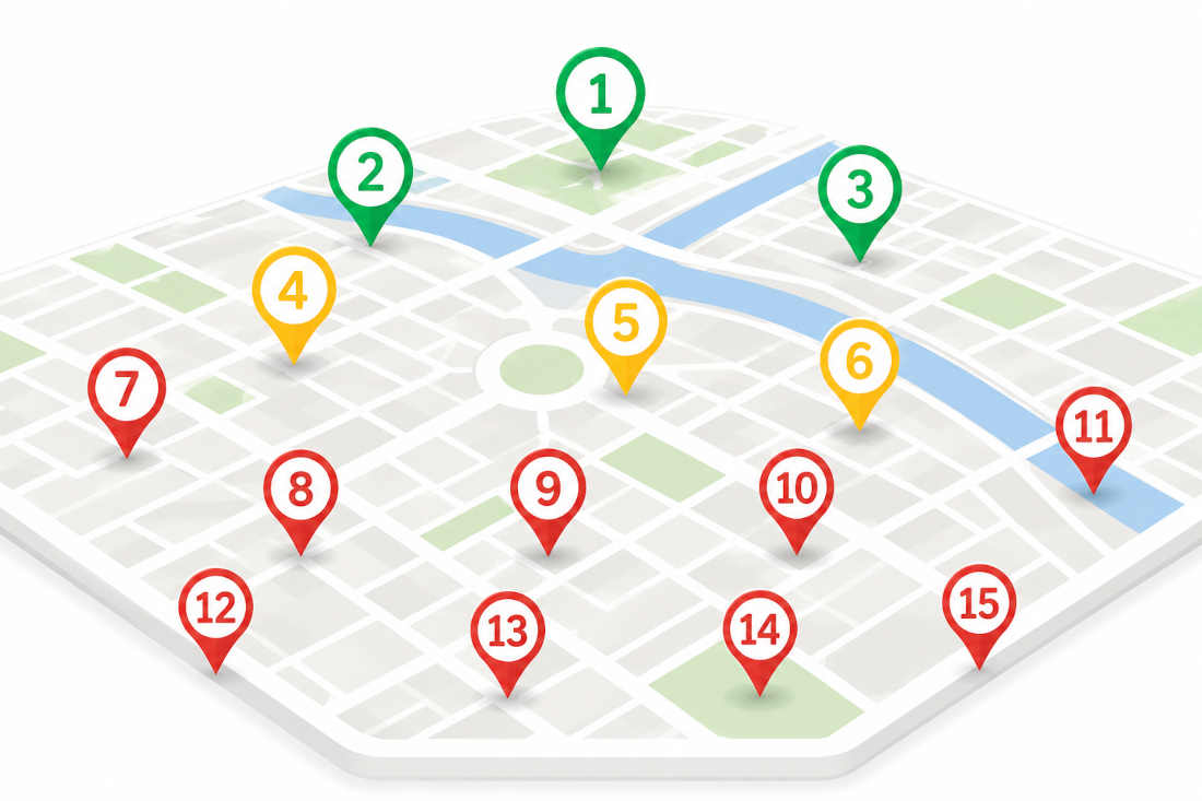 Local Falcon: cuadrícula de posicionamiento local sobre un mapa de ciudad mostrando rankings de Google Maps por zona geográfica