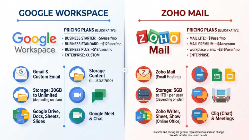 Google Workspace vs Zoho Mail: comparación visual entre los logos de Google Workspace y Zoho Mail con tabla de precios y características principales en 2026