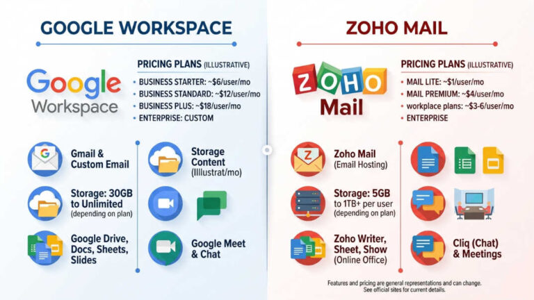 Comparación visual entre los logos de Google Workspace y Zoho Mail con tabla de precios y características principales en 2026