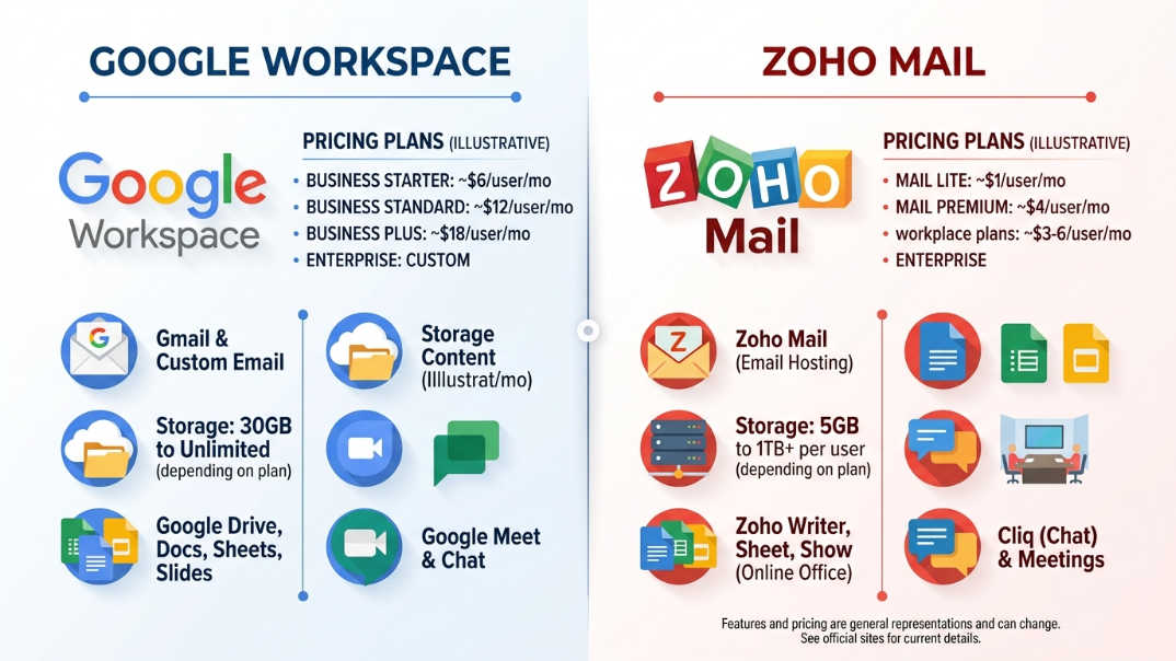 Comparación visual entre los logos de Google Workspace y Zoho Mail con tabla de precios y características principales en 2026