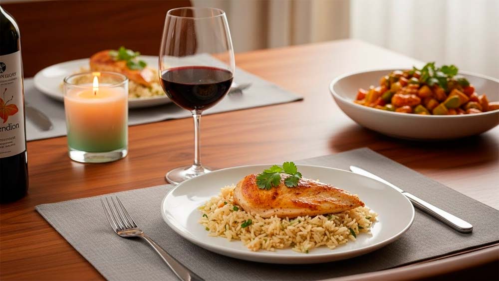 lujo accesible: mesa elegante con productos cotidianos premium (vino, arroz con pollo peruano, coronado con una pechuga de pollo dorada y caliente, vela)