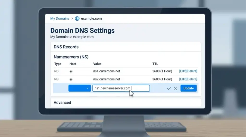 Panel actualizando registros DNS tras migrar sitio web