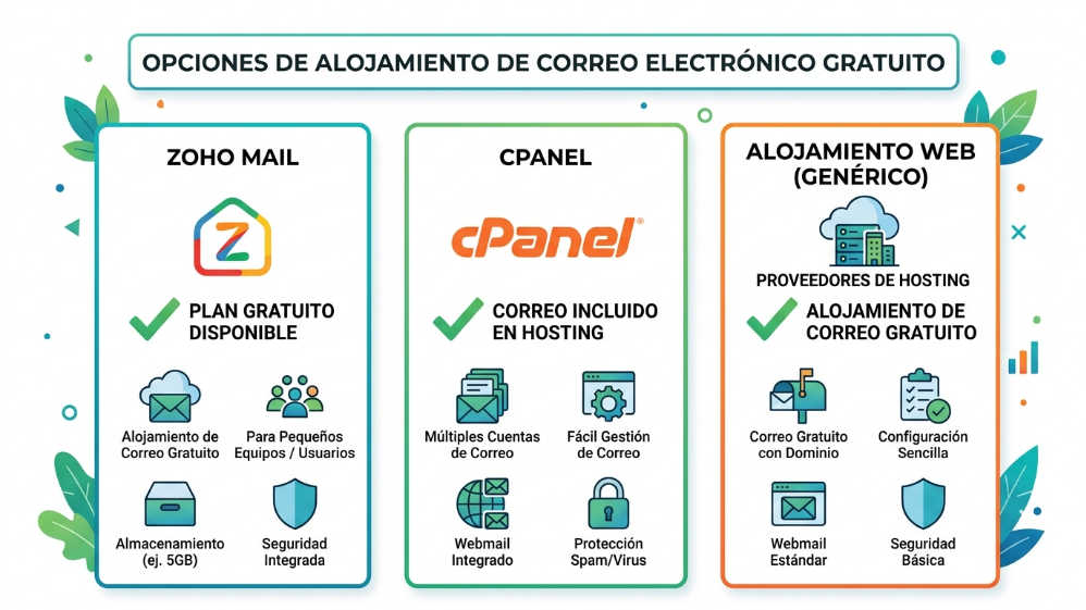 Comparación de opciones para crear correo corporativo gratis: Zoho Mail, cPanel y Hostinger en un mismo esquema visual
