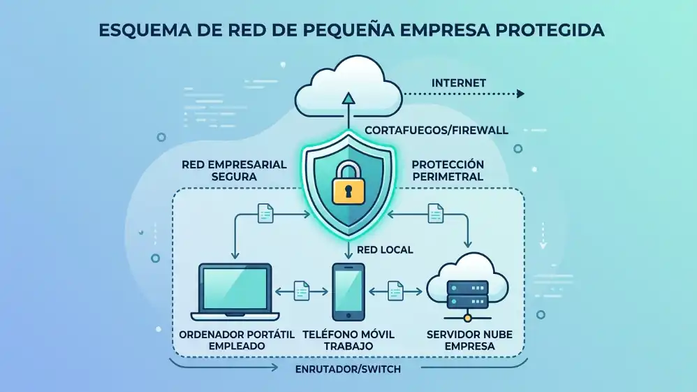 Ciberseguridad en las empresas: red de una pyme protegida con prácticas de ciberseguridad