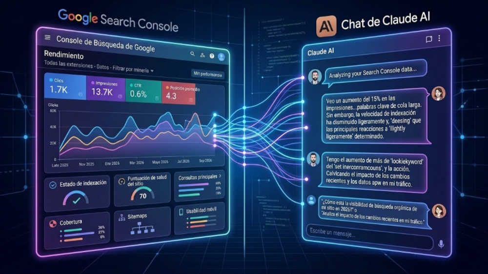 Google Search Console y Claude IA analizando métricas SEO en pantalla dividida
