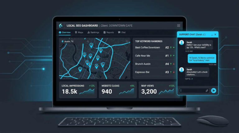 Configuración de Claude para SEO local: dashboard con mapa y resultados de búsqueda