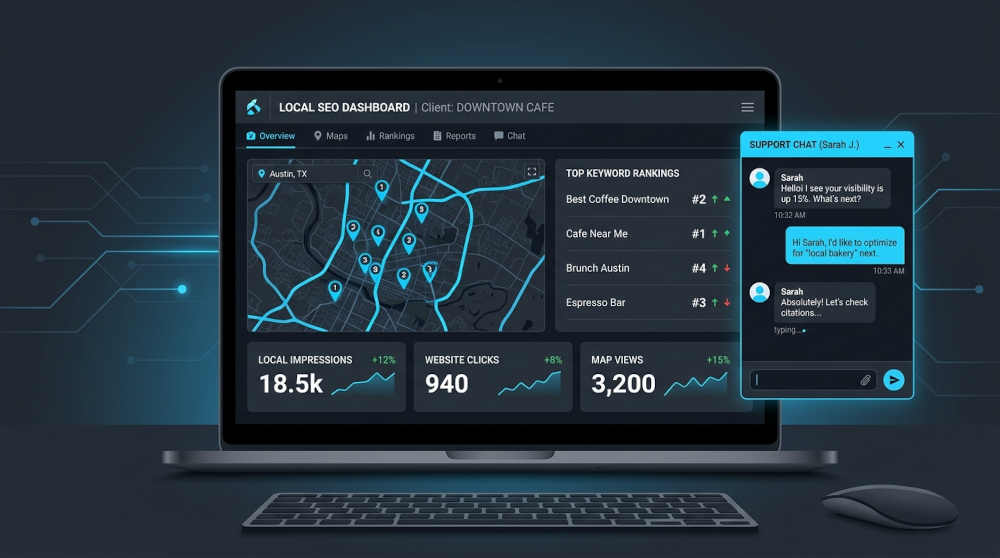 Configuración de Claude para SEO local: dashboard con mapa y resultados de búsqueda