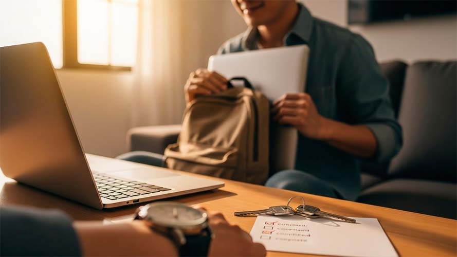 Una persona cerrando el portátil con una sonrisa sutil mientras guarda una mochila,